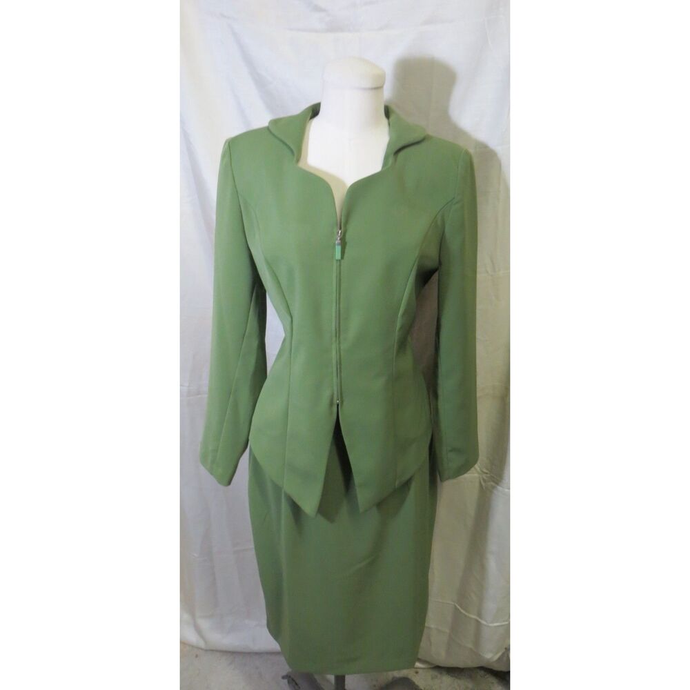 Vintage Lew Magram Collection 2 Pc Hunter Green Skirt Suit Size 8